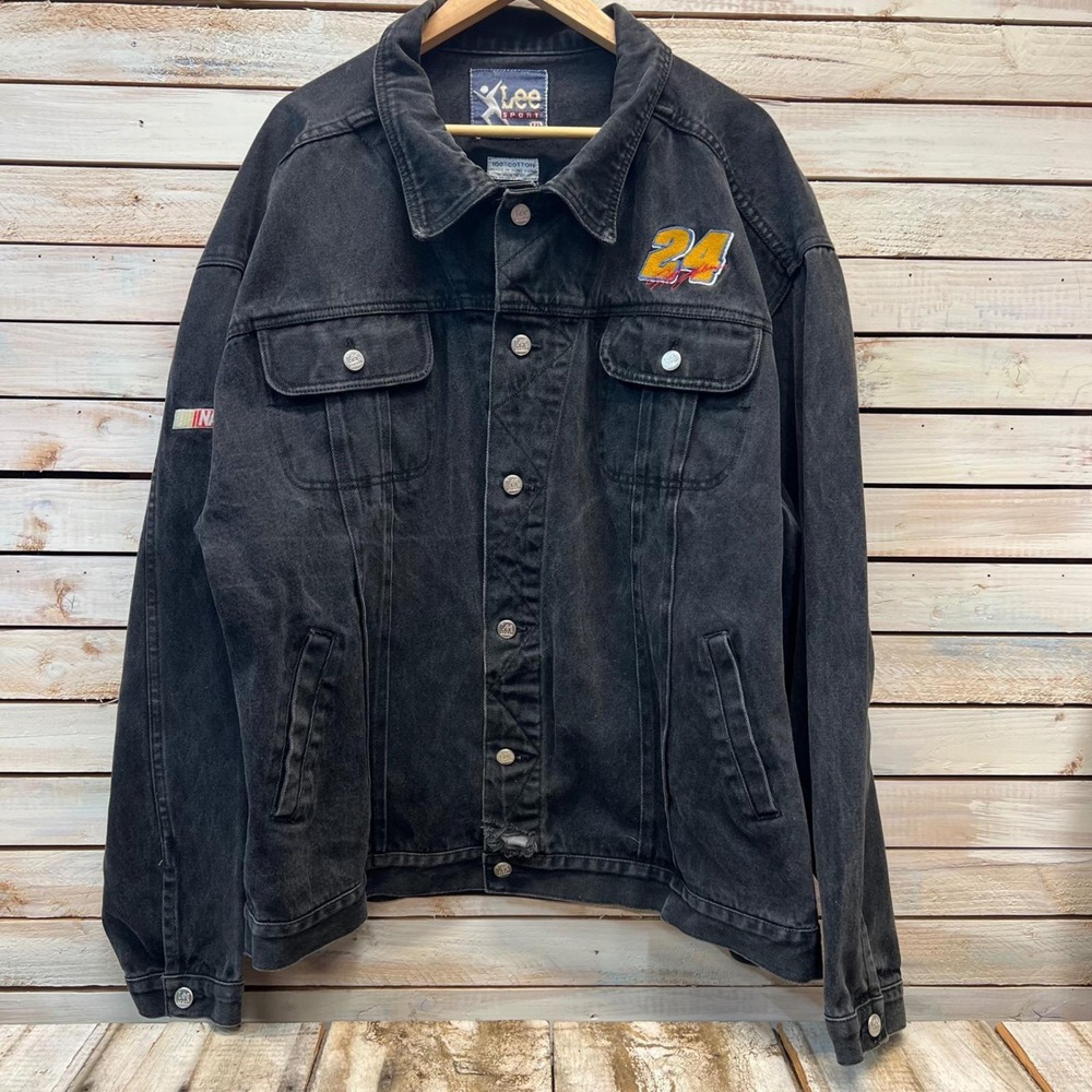 Vintage NASCAR Denim Jacket Jeff Gordon 24 Lee Sport Black XXL Racing